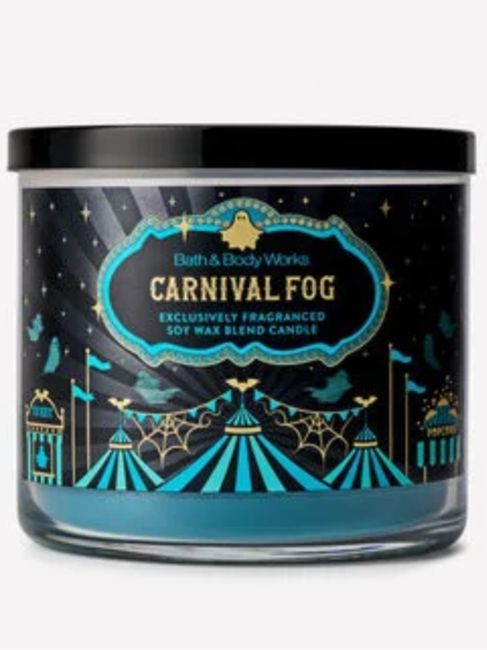 Bath & Body Works Carnival Fog 3-Wick Candle - Teal & Black with Gold Accents